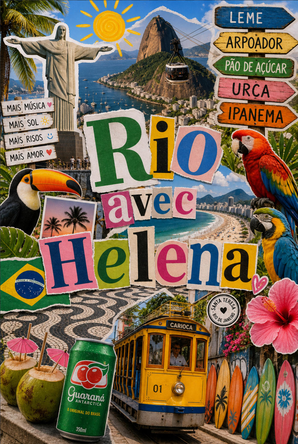 Rio avec Helena — collage : Christ Rédempteur, Pain de Sucre, Copacabana, Ipanema, tramway Santa Teresa et drapeau brésilien