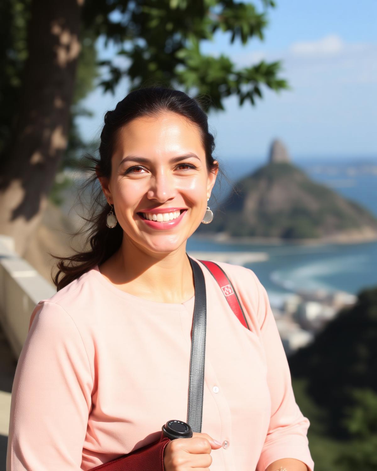 Helena, guide francophone professionnelle à Rio de Janeiro, avec le Pain de Sucre en arrière-plan