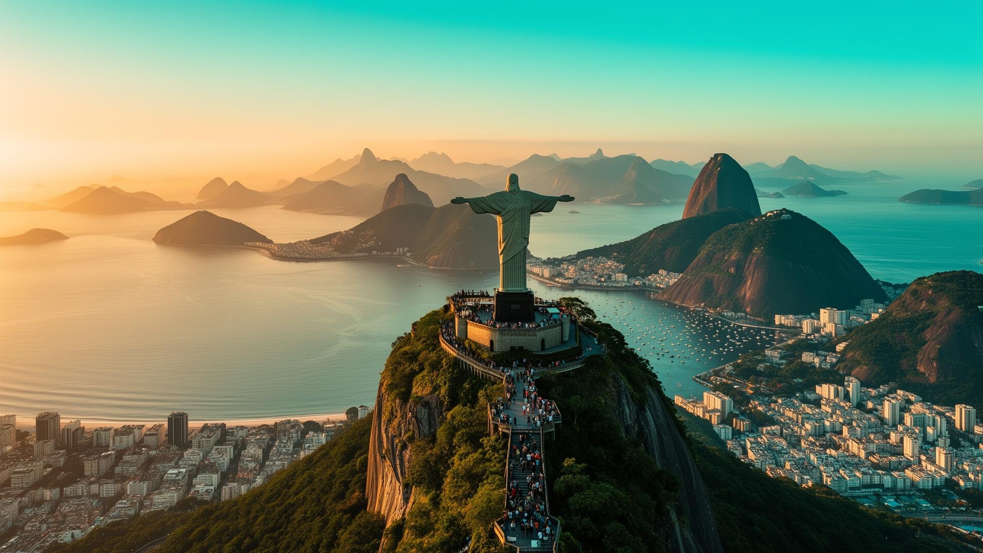 Christ Rédempteur du Corcovado au lever du soleil, baie de Guanabara, Rio de Janeiro