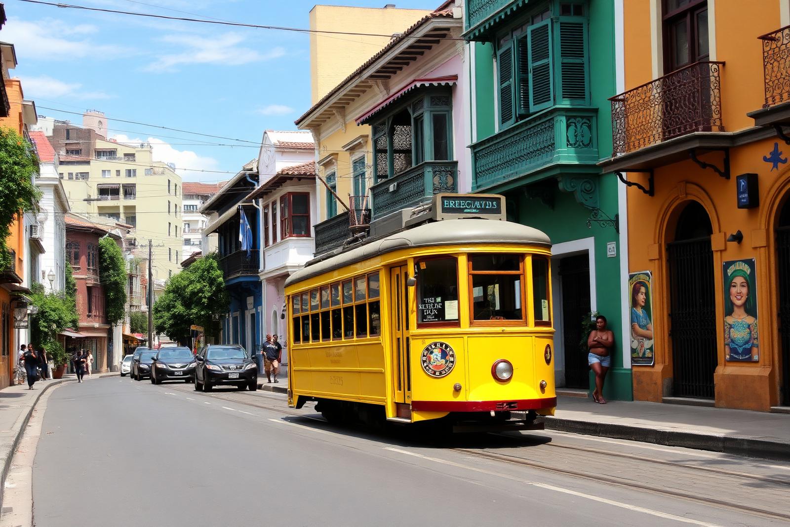 Tramway jaune historique dans le quartier Santa Teresa à Rio
